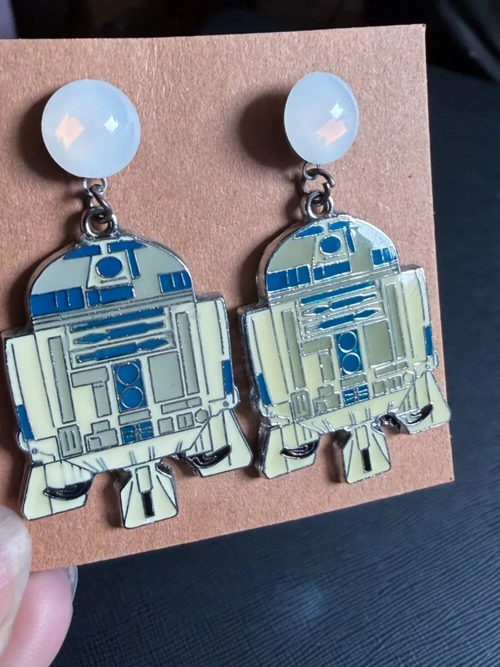 Star Wars R2-D2 Handmade Metal Dangle Earrings with Acrylic Moonstone Studs - Picture 6 of 8